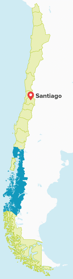 Karte von Chile mit markierten Regionen Los Lagos und Aysen