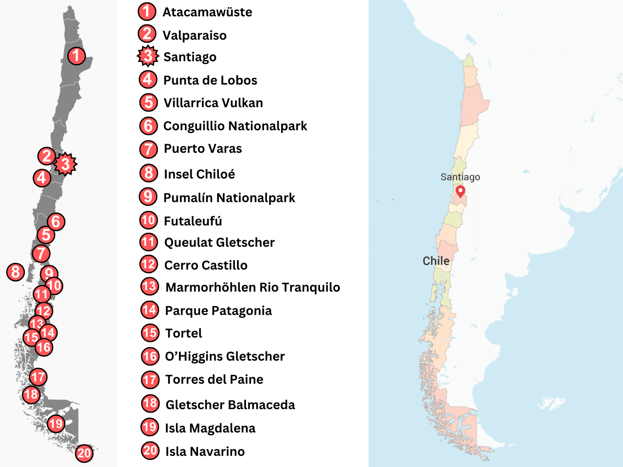 karte von den sehenswürdigkeiten in chile