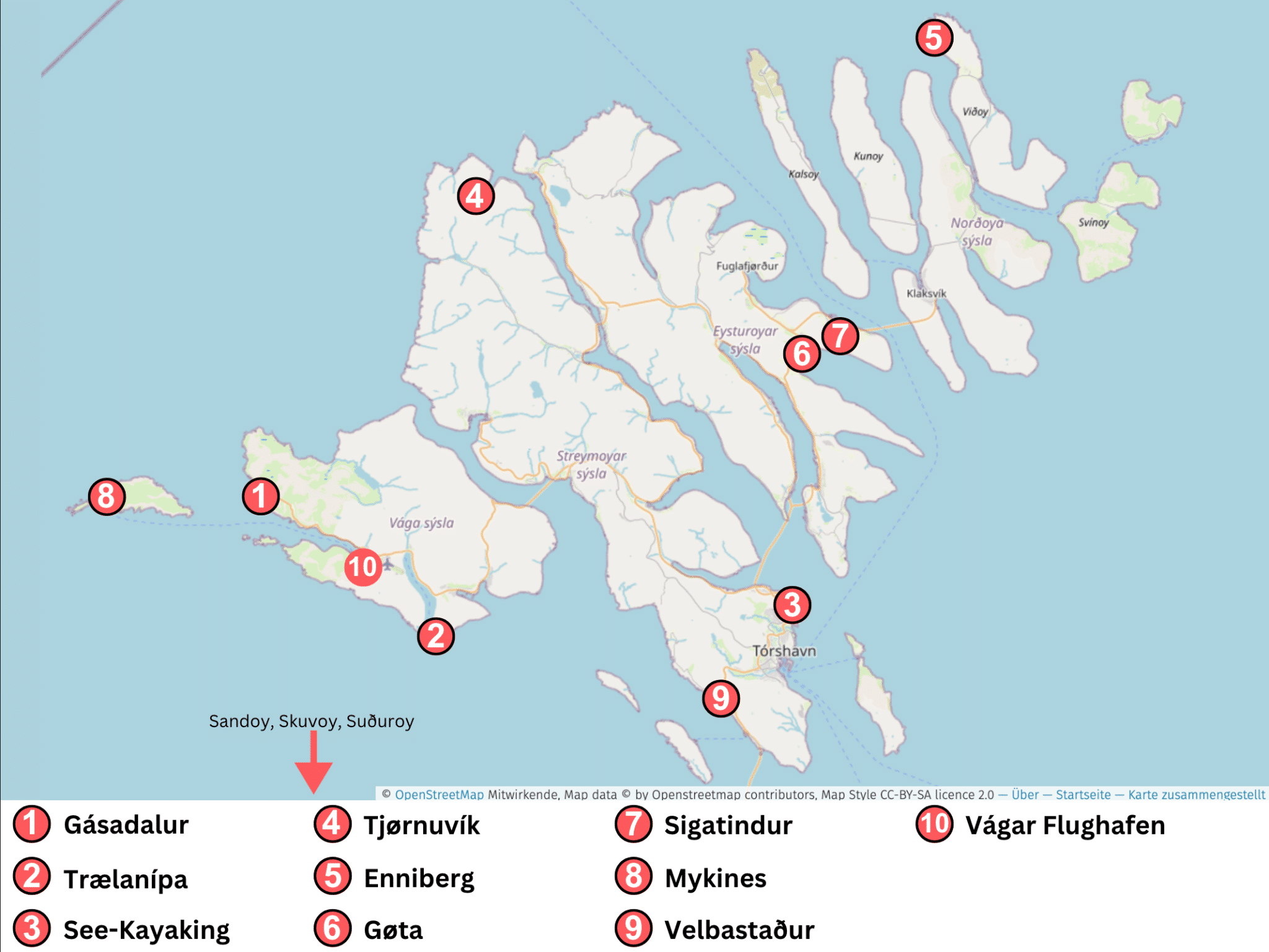 Karte mit den Färöer Inseln Sehenswürdigkeiten