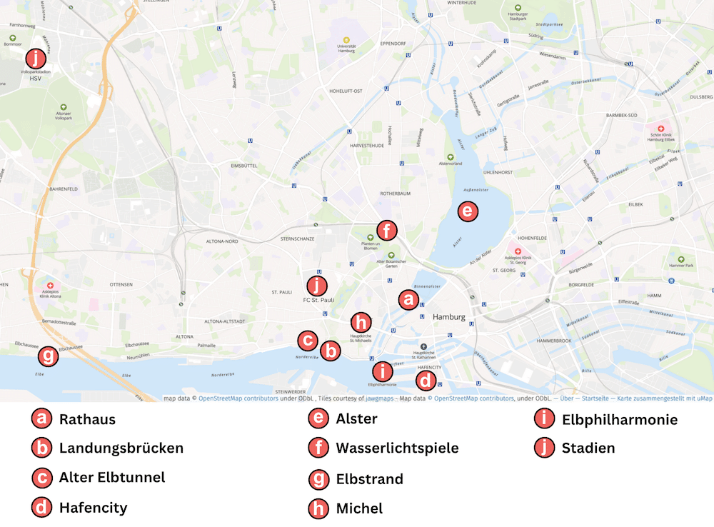 Hamburg Karte mit den wichtigsten Sehenswürdigkeiten in Hamburg