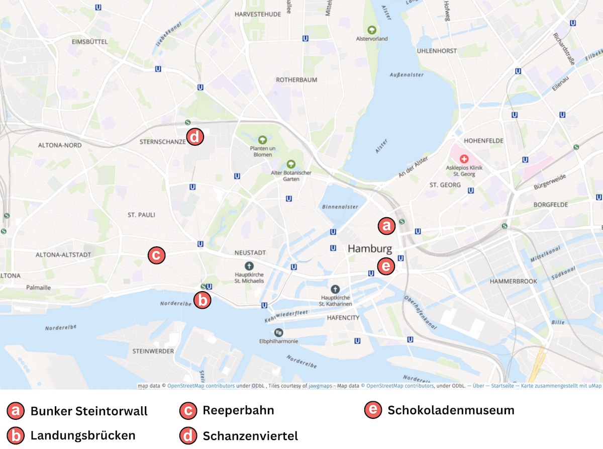 Hamburg Stadtkarte mit Markierungen der Hamburg Touren